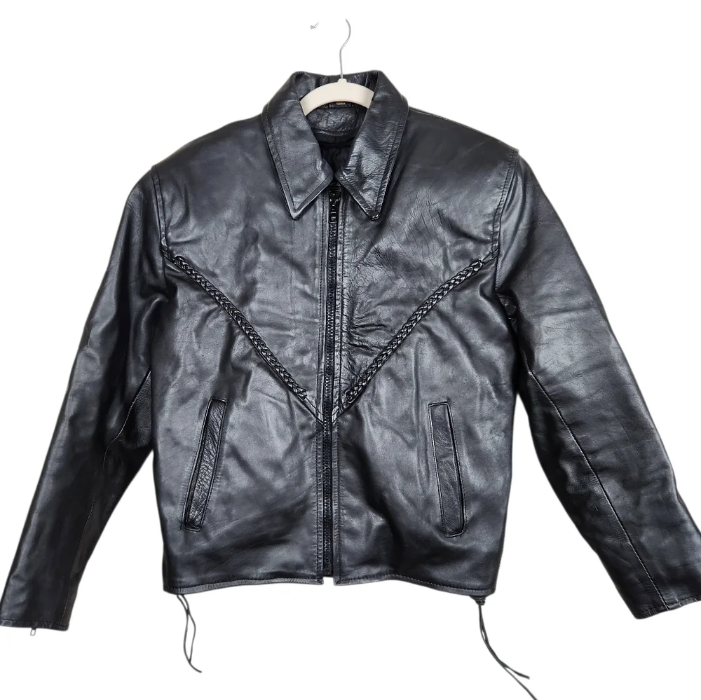 Antelope Creek Vintage Black Leather Moto Riding Jacket Braided HD Womens Size M